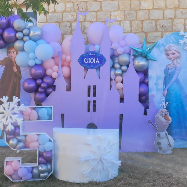 Frozen-themed birthday party backdrop set up outdoors in front of a stone building, featuring a purple castle, balloons, star decorations, and character prints including Elsa, Anna, and Olaf.