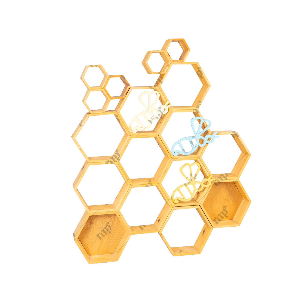 Hexagonal honeycomb shelf with bee decorations on a white background