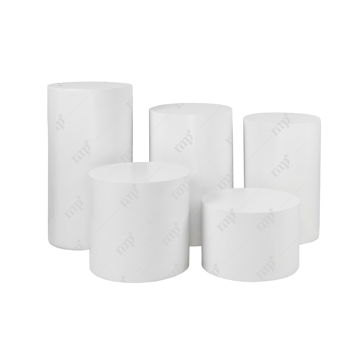 Set of five white cylindric tables
