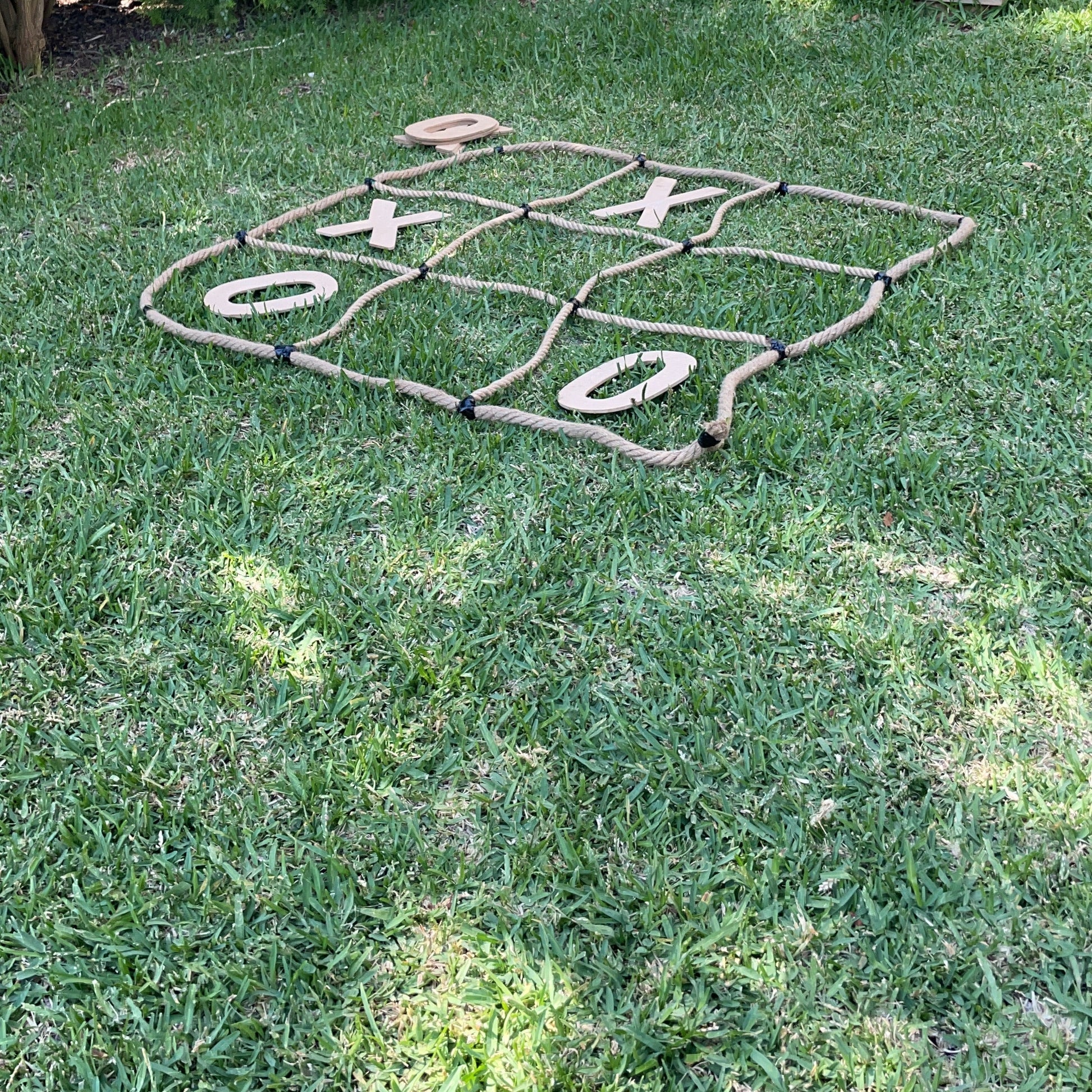 Horseshoe game setup on a grassy area with trees in the background
