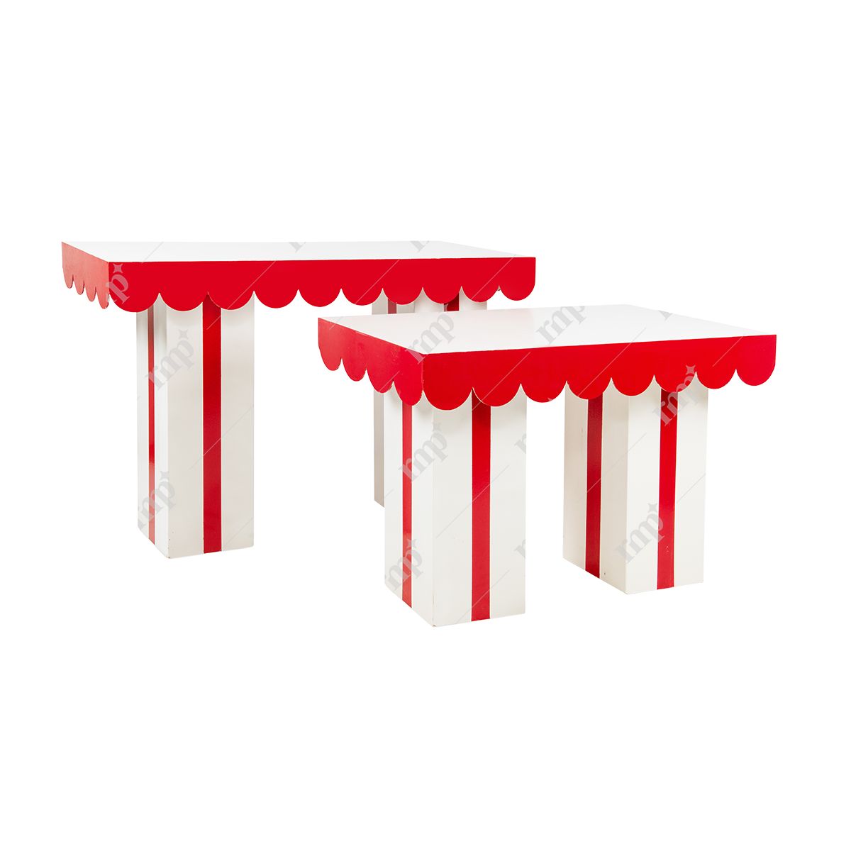 Two red and white striped tables with scalloped edges on a white background