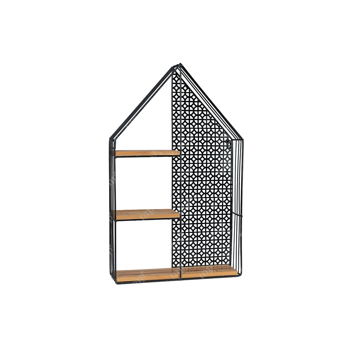 House-shaped shelf with wooden shelves and decorative metal back on a white background