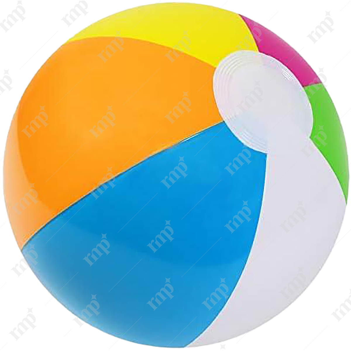 Colorful inflatable beach ball with a white handle on a white background