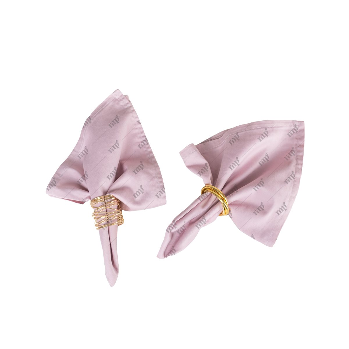 Two pink satin hair bows with gold rings on a white background