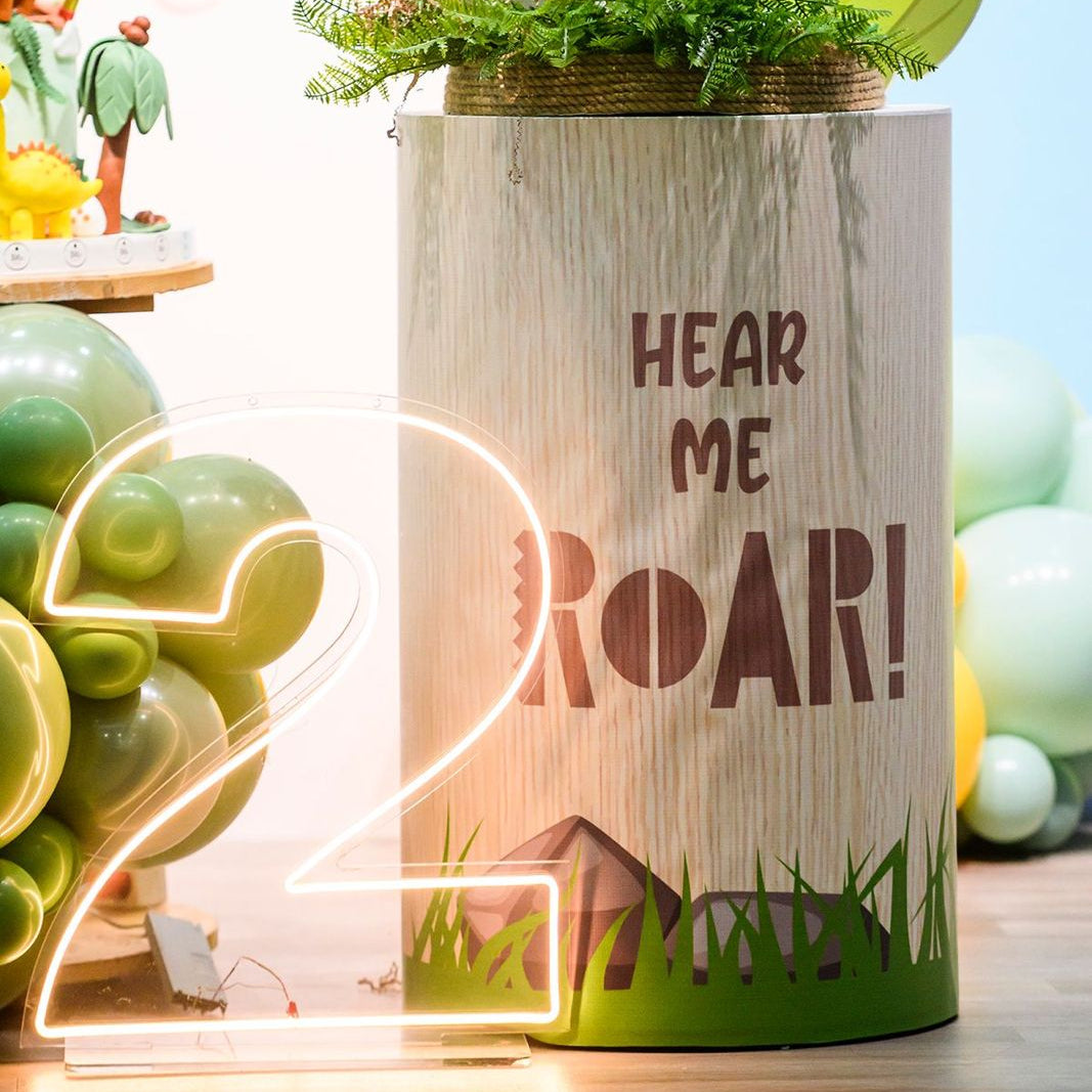 Wooden container with 'Hear Me Roar!' text, decorative plants, and balloons in the background.