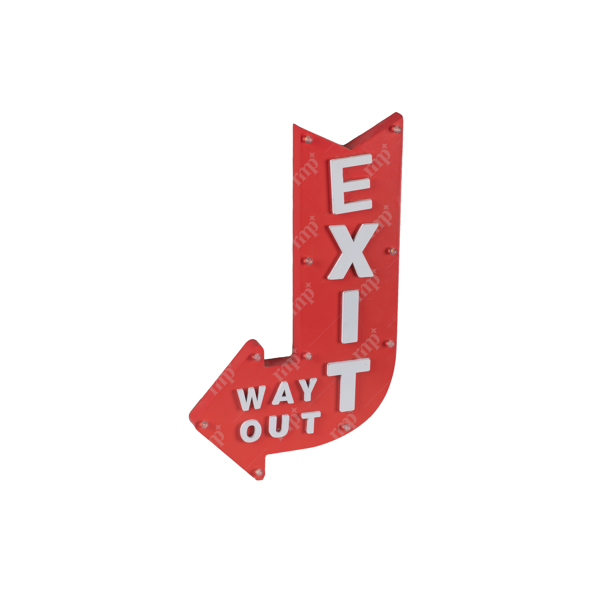 Red exit sign with white text on a white background