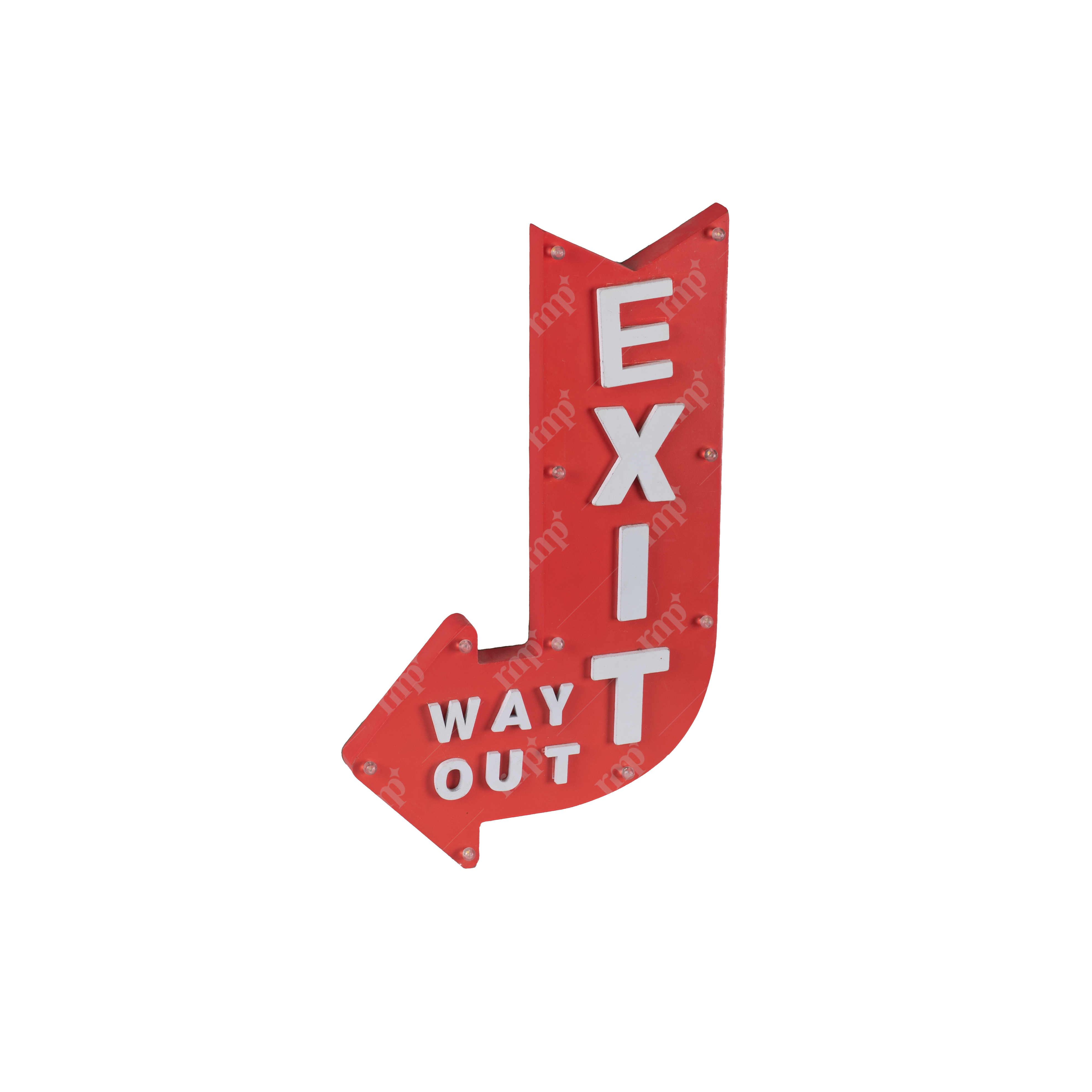 Red exit sign with white text on a white background