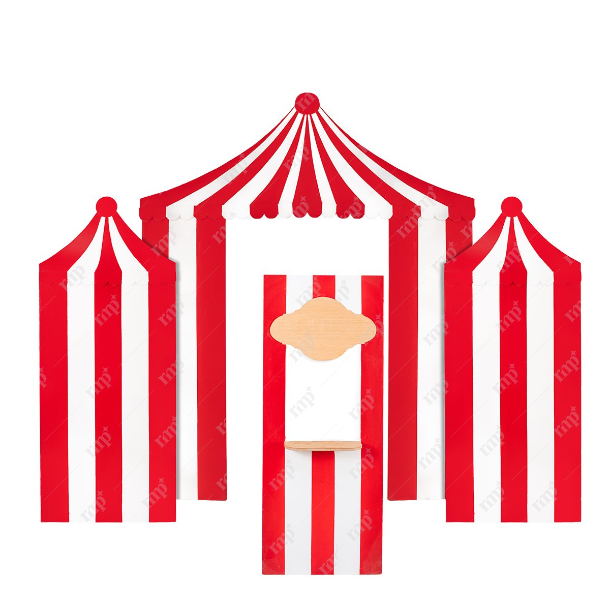 Red and white striped tent with a beige clown nose on a white background