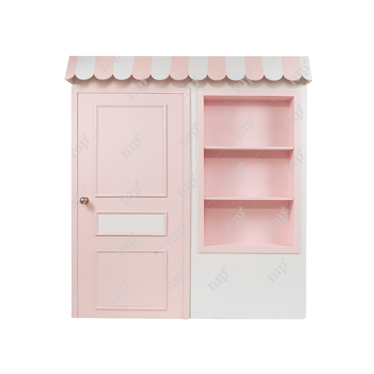 Pink and white children's playhouse with a door and shelves on a white background