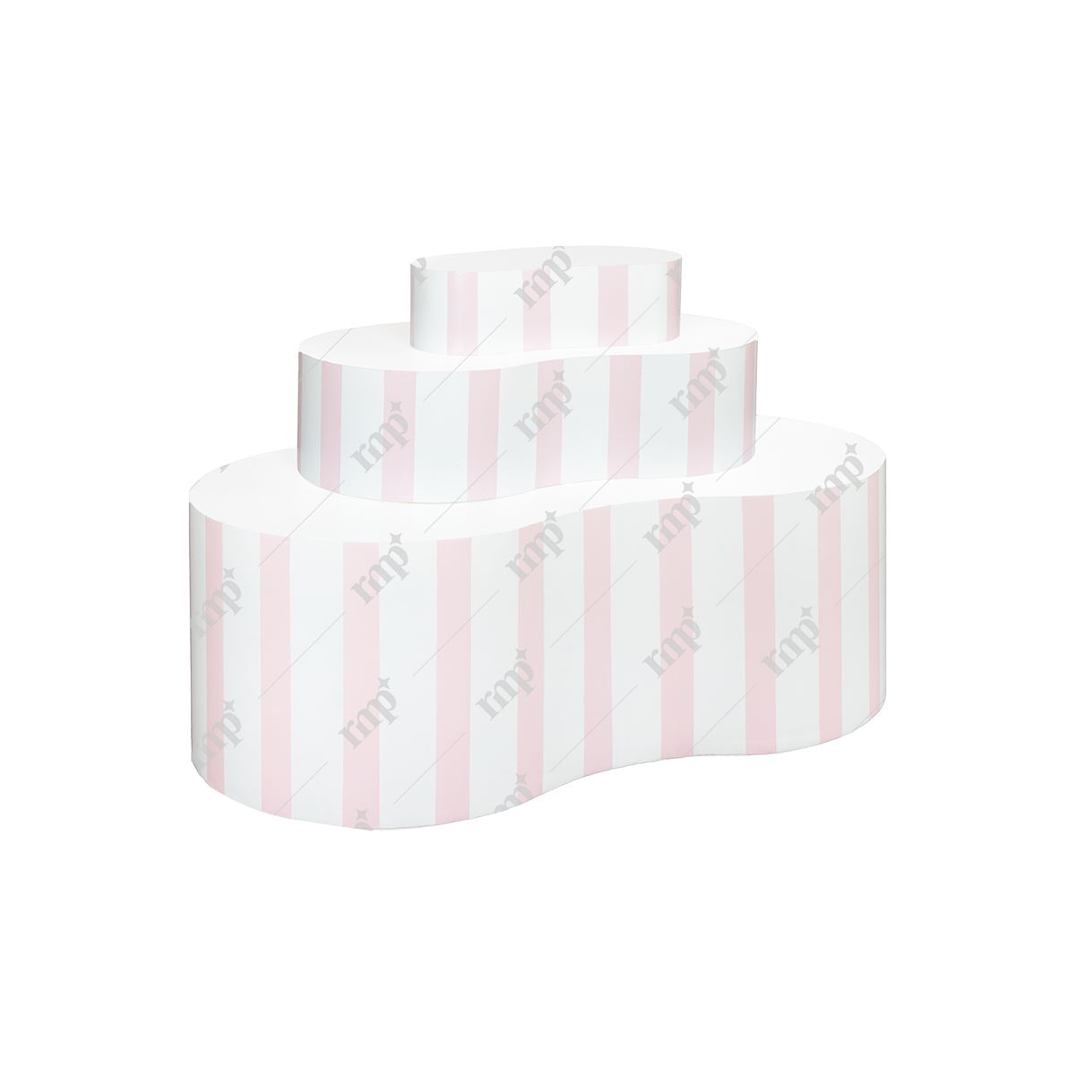 Set of three white cake stands with pink stripes and 'Happy Birthday' text on a white background
