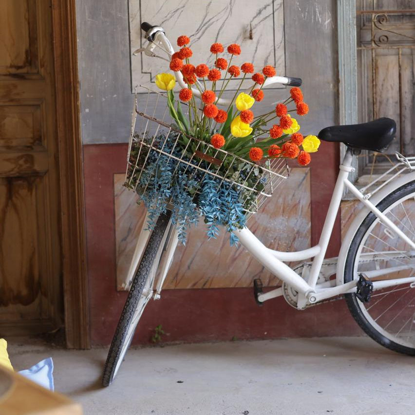 White bicycle with a basket of flowers against a textured wall.