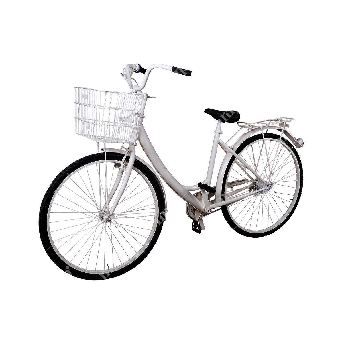White bicycle with a basket on a white background