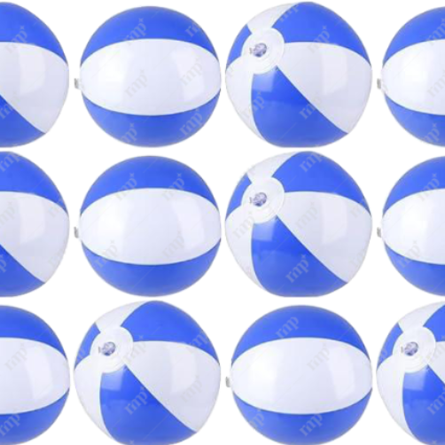 Set of blue and white beach balls with a visible brand logo.