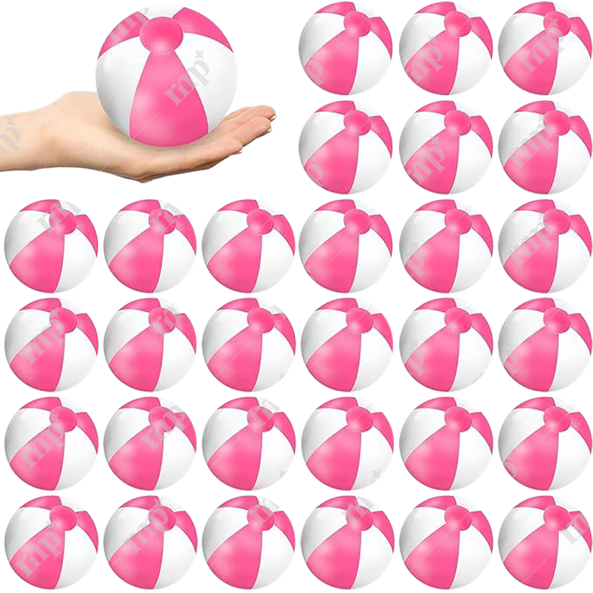 Hand holding a pink and white beach ball with 39 similar balls in the background.